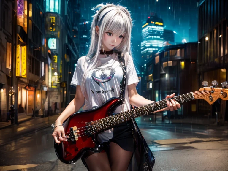 ((mais alta qualidade)), ((obra de arte)), (detalhado), Rosto Perfeito　Uma menina tocando baixo da Atelier Z de cabeça baixa　cidade　noite　pedra　metal　cabelo branco　camiseta da banda　paisagem　chuva　Night cidade　anjo sombrio