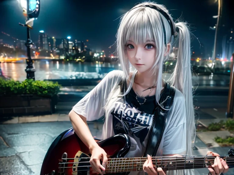 ((highest quality)), ((masterpiece)), (detailed), Perfect Face　A girl playing the bass guitar of Atelier Z with her head down　City　night　rock　metal　White Hair　Band T-shirt　Landscape　rain　Night City　Dark angel