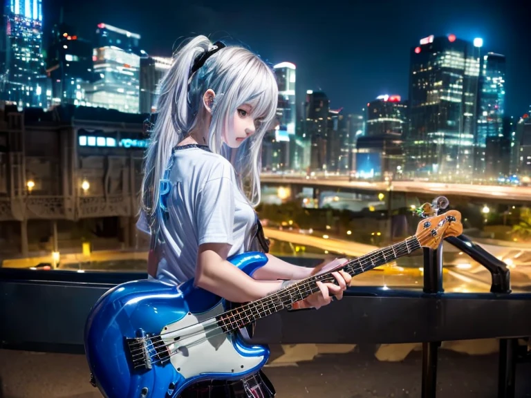 ((highest quality)), ((masterpiece)), (detailed), Perfect Face　A girl playing the bass guitar of Atelier Z with her head down　City　night　rock　metal　White Hair　Band T-shirt　Landscape　rain　Night City　Dark angel　A girl facing away, gazing up at the dazzling blue sky