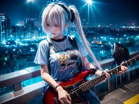 ((highest quality)), ((masterpiece)), (detailed), Perfect Face　A girl playing the bass guitar of Atelier Z with her head down　Ci...