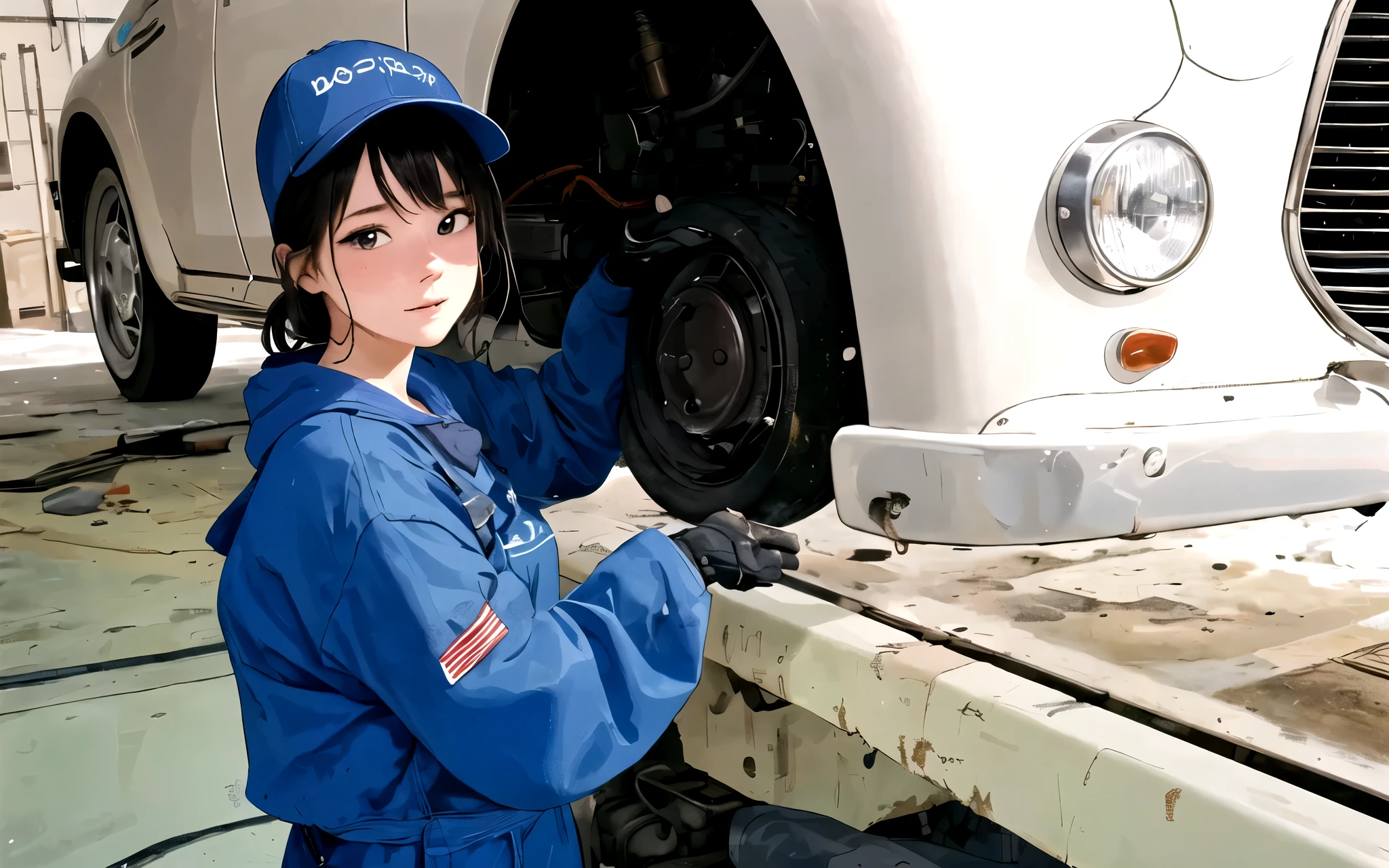 女性の自動車整備士がRepair the carています、20-year-old、solid muscles、White dirty t-shirt with folded sleeves、Overalls、Covered in grease stains、Tattered clothes、Cute Face、Step inside the hood、Repair the car、Covered in sweat、Open the hood and engine、A look under the hood、Bent to work。