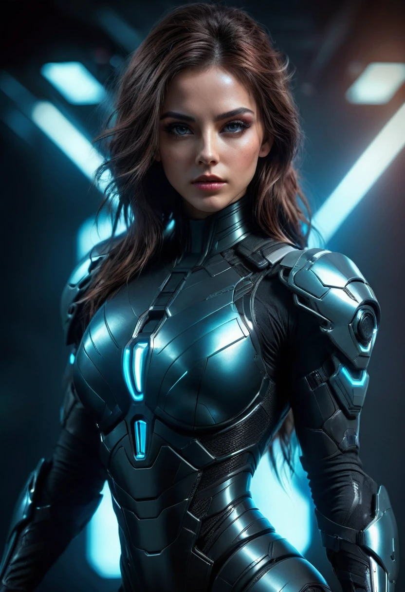 Tight Combat Suit, a woman in a tight combat suit, intricate futuristic body armor, highly detailed facial features, beautiful eyes, sharp nose, full lips, long eyelashes, muscular athletic body, dynamic action pose, dramatic lighting, cinematic composition, muted color palette, dark shadows, moody atmosphere, hyper realistic, 8k, 3d render, concept art, science fiction