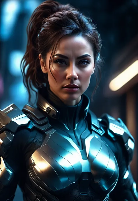Tight Combat Suit, a woman in a tight combat suit, intricate futuristic body armor, highly detailed facial features, beautiful e...