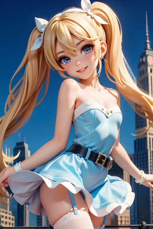 (masterpiece), best quality, expressive eyes, perfect face, (city background), (posing), (smile), (closeup view), (1girl, age 18+, Belle Delphine, fair skin, blonde hair, short hair with pigtails, pigtail hairstyle, blue eyes, hourglass figure, thin body, skinny body, petite_body, small breasts, wide hips, thick thighs), (blue minidress, sleeveless, strapless, black waist belt, white stockings),