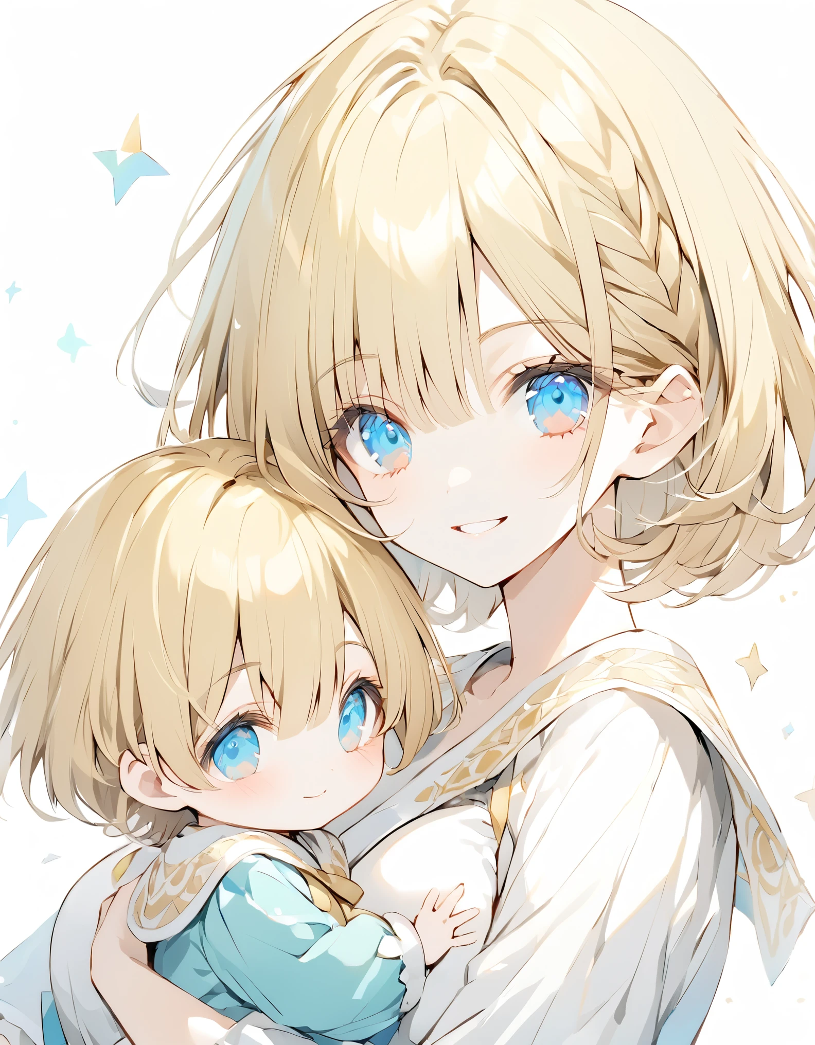 Little magical girl smiles holding a baby(Sketches)(Small body), (Baby raising his hands)Golden Hair (Short Bob Hair:1.4), (Blue eyes), (Big Hair) (White Background), (eye shadow:1.3)(Large Breasts:1.3)