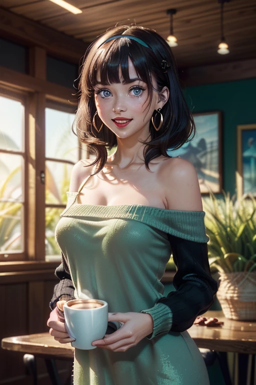 (perky chest:1.2), (pointed chest:1.2),(((Black Tunic:1.3))),(((cakes and bread in the basket),Cute and beautiful girl,Cute round face,Cute smile,with blush cheeks,Red Lip,solo, looking at viewer, open mouth, have a cute grass of cute beergrass,black hair, dark green eyes, dress, bare shoulders, jewelry, collarbone, sidelocks, hairband, earrings, indoors, off shoulder, sweater, arms behind back, plant, short hair with long locks, gild hairband, off-shoulder dress, sweater dress, off-shoulder sweater, black sweater, dark gord hair, big side hair, very long side hair,is rendered in (masterpiece: 1.2, best quality), with (ultra high resolution) and an exquisite (depth of field),(Bangs are see-through bangs),hair pin,hair adornments,detailed clothes features,Detailed hair features,detailed facial features,(Dynamic angles),(Dynamic and sexy poses),Cinematic Light,(masutepiece,top-quality,Ultra-high resolution) ,(The 8k quality,Anatomically accurate facial structure,),(Sea Art 2 Mode:1.3),(Image Mode Ultra HD) ,(Hold a coffee in your hand:1.3),delicate beautiful face, Bright blue eyes, cute eyes, sparkling eyes, Big eyes, (perky chest:1.1), (pointed chest:1.3), looking at viewer,
