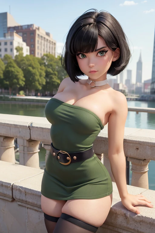 (masterpiece), best quality, expressive eyes, perfect face, (city background), (posing), (angry), (closeup view), (1girl, age 18+, Belle Delphine, fair skin, black hair, short hair with bangs, bob hairstyle, green eyes, hourglass figure, thin body, skinny body, petite_body, small breasts, wide hips, thick thighs), (green minidress, sleeveless, strapless, black waist belt, white stockings),