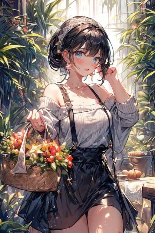 (perky chest:1.2), (pointed chest:1.2),(((Black Tunic:1.3))),(((cakes and bread in the basket),Cute and beautiful girl,Cute round face,Cute smile,with blush cheeks,Red Lip,solo, looking at viewer, open mouth, have a cute grass of cute beergrass,black hair, dark green eyes, dress, bare shoulders, jewelry, collarbone, sidelocks, hairband, earrings, indoors, off shoulder, sweater, arms behind back, plant, short hair with long locks, gild hairband, off-shoulder dress, sweater dress, off-shoulder sweater, black sweater, dark gord hair, big side hair, very long side hair,is rendered in (masterpiece: 1.2, best quality), with (ultra high resolution) and an exquisite (depth of field),(Bangs are see-through bangs),hair pin,hair adornments,detailed clothes features,Detailed hair features,detailed facial features,(Dynamic angles),(Dynamic and sexy poses),Cinematic Light,(masutepiece,top-quality,Ultra-high resolution) ,(The 8k quality,Anatomically accurate facial structure,),(Sea Art 2 Mode:1.3),(Image Mode Ultra HD) ,(Hold a coffee in your hand:1.3),delicate beautiful face, Bright blue eyes, cute eyes, sparkling eyes, Big eyes, (perky chest:1.1), (pointed chest:1.3), looking at viewer,

