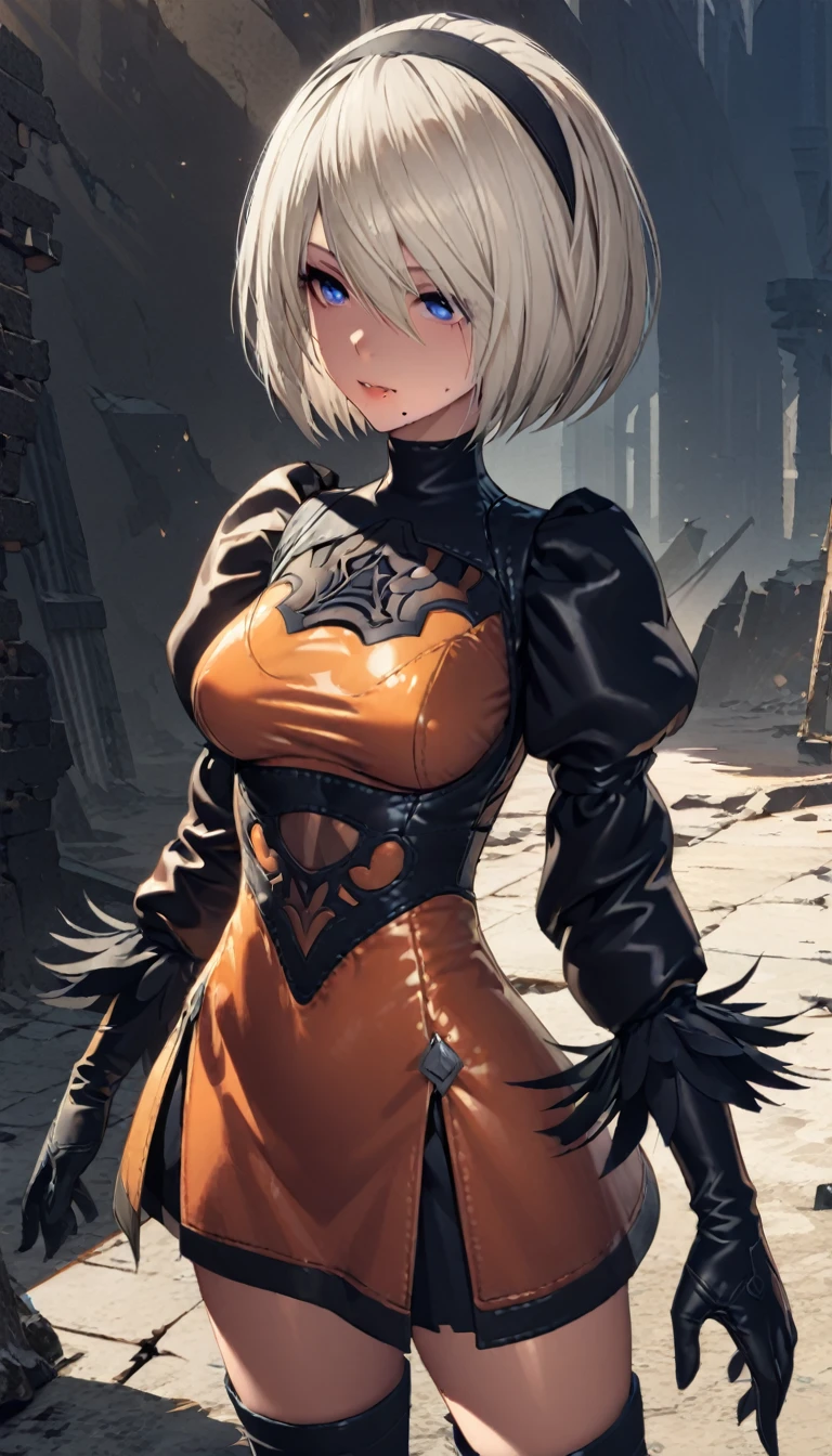 best quality, Best Illustration, Highly detailed CG Unity 8k wallpaper,Dark fantasy setting,Beautiful girl,yorha2b, sexy detailed face, short hair, white hair, black hairband, seductive blue eyes, mole under mouth, Tight combat suit,miniskirt,Cast Shadows,Standing on the ruins,Red and orange palette,otherworldly power,Dynamic Lighting, Depth of Field, The best shadow, stable diffusion model, sparkling