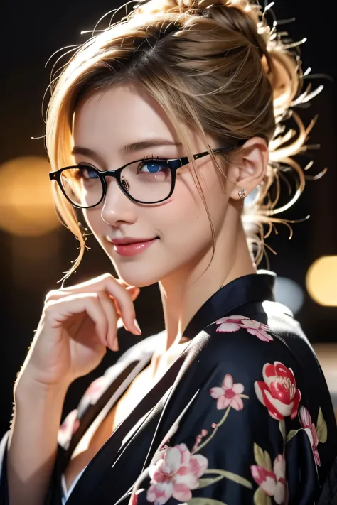 Wear glasses、Noble kimono、kimono、blue eyes、firework、blonde、Tattoos all over the body、Sexy Face、Sex Pose、short hair、Hair tied up、...