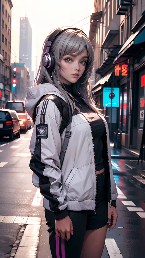 One girl, Gray Hair, Long Hair, Techwear masterpiece, highest quality, Realistic, realism, Dark purple jacket, Portraiture, Fine...