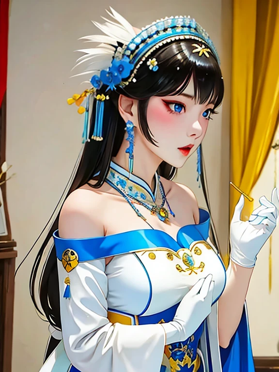 Sagisawa Fumika, 1 Girl, Solitary, watch, pendant watch, blue eyes, breast, Gloves, Headdress, skirt, long hair, cleveage, looking at the audience, white Gloves, Bare shoulders, open mouth, large breast, Strapless, Necklace, blush, white skirt, Black Hair, brown hair, Hair between the eyes, Strapless skirt, clavicle, Smile, Bangs, on stage,