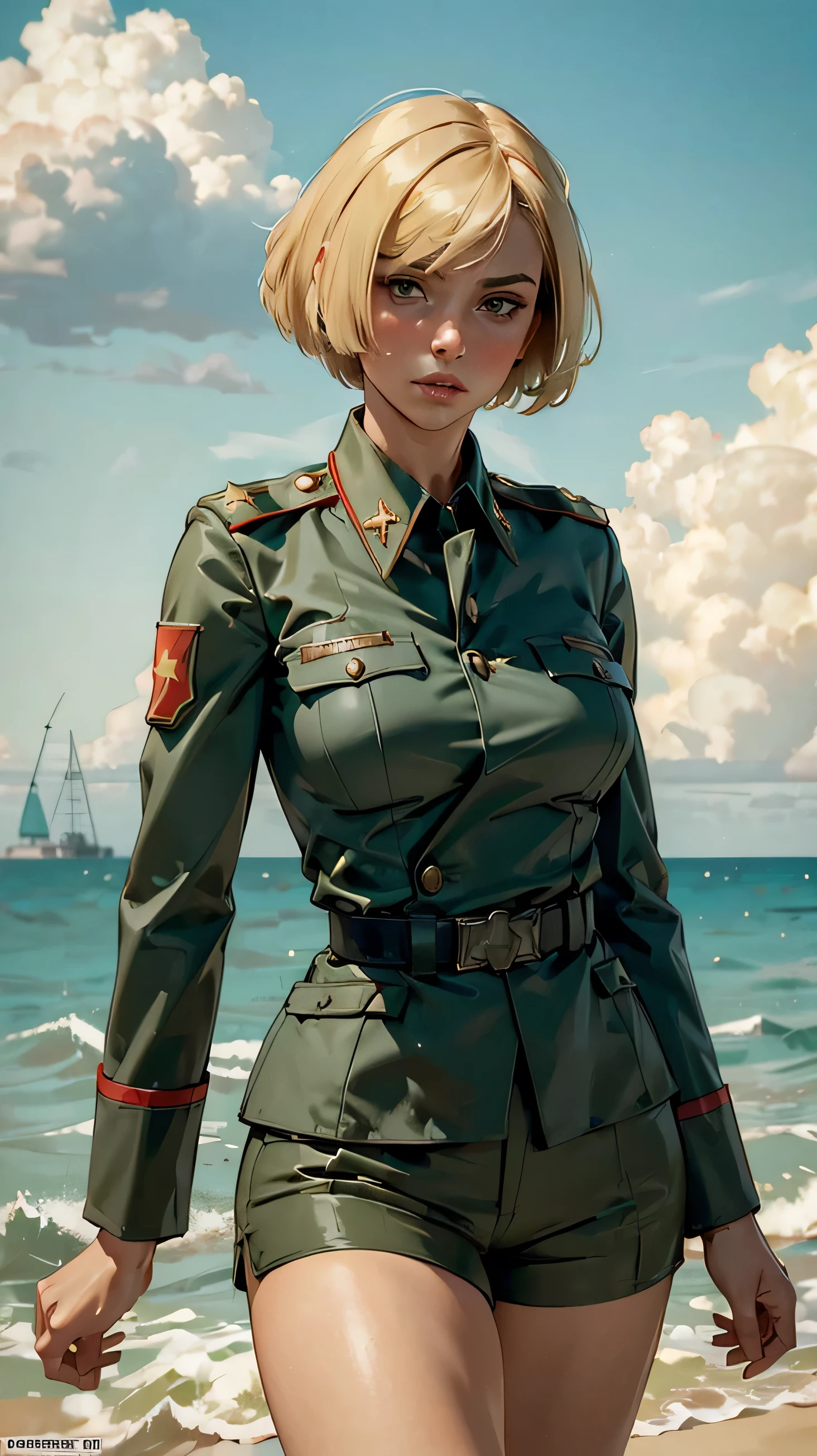 (masterpiece, Best quality, ultra detailed:1.3), 1 Girl, Sunny, On open air, ocean, clouds, I look at the viewer, (windy:1.2), (complex part, sexual, chill), military uniform, green short shorts,  (soviet poster:1.1) BREAK short blonde hair, (straightening my hair:1.1)  советская military uniform , Soviet officer&#39;s headdress with a red five-pointed star