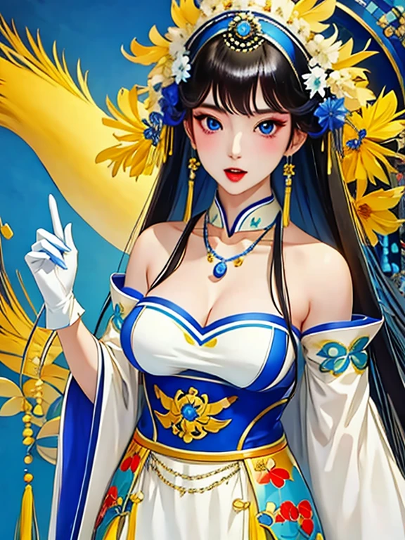 Sagisawa Fumika, 1 Girl, Solitary, watch, pendant watch, blue eyes, breast, Gloves, Headdress, skirt, long hair, cleveage, looking at the audience, white Gloves, Bare shoulders, open mouth, large breast, Strapless, Necklace, blush, white skirt, Black Hair, brown hair, Hair between the eyes, Strapless skirt, clavicle, Smile, Bangs, on stage,Koi tattoo on body