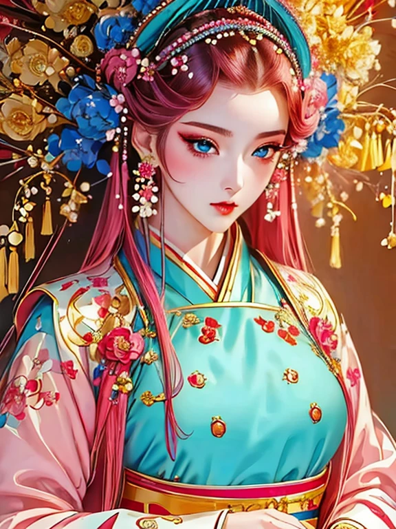 (finely detailed beautiful eyes and detailed face,masterpiece sidelighting,masterpiece,best quality,detailed,High resolution illustrations),, (1 Girl,whole body,beautiful girl,skin shiny,look down,looking at the audience),, (Pink Hair,blue eyes,Ribbon,Hanbok, korean clothes), (Dressed_Lower chest围:1.2),Lower chest,