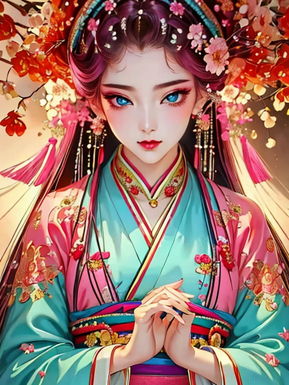 (finely detailed beautiful eyes and detailed face,masterpiece sidelighting,masterpiece,best quality,detailed,High resolution illustrations),, (1 Girl,whole body,beautiful girl,skin shiny,look down,looking at the audience),, (Pink Hair,blue eyes,Ribbon,Hanbok, korean clothes), (Dressed_Lower chest围:1.2),Lower chest,