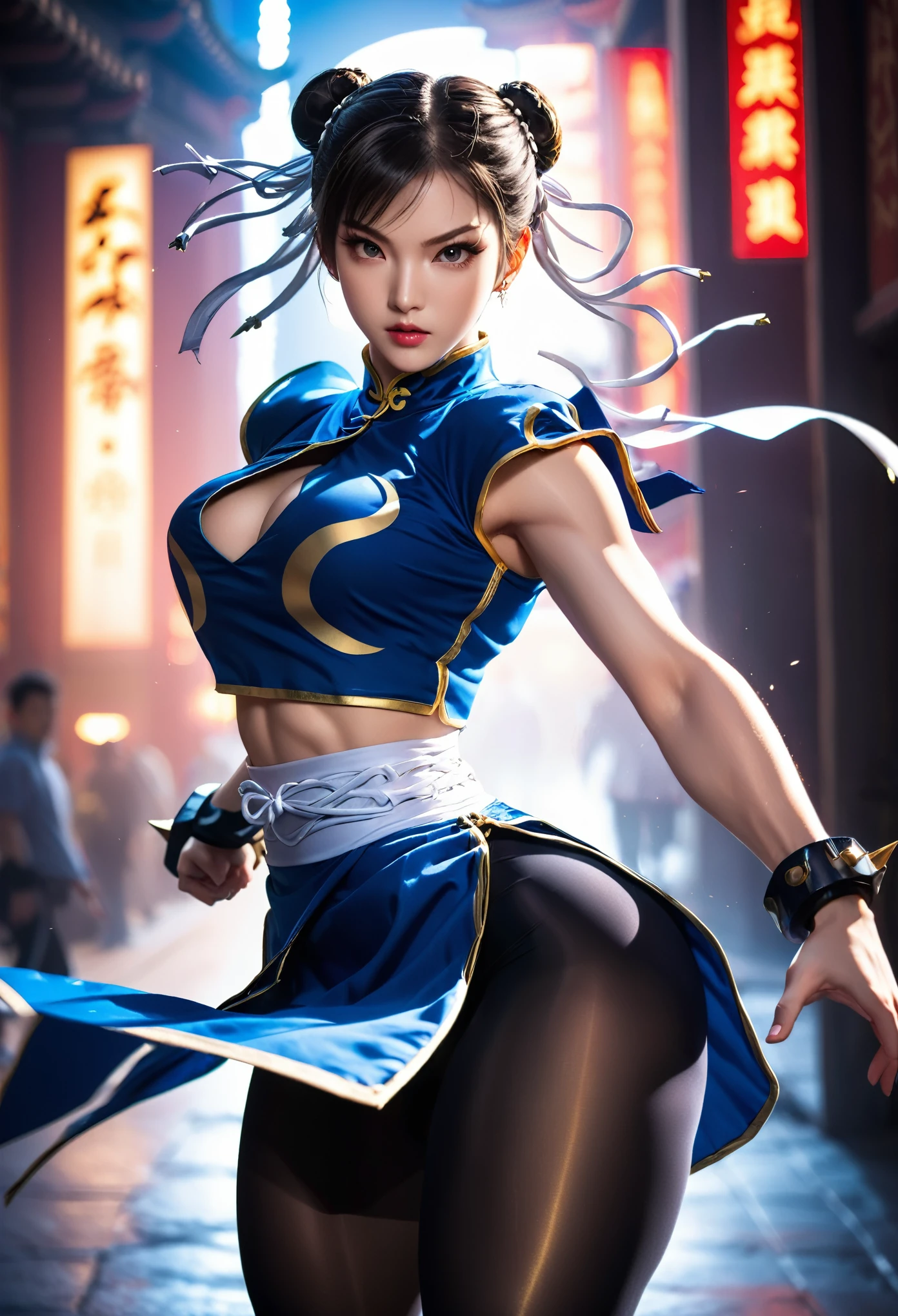 an Asian woman Chun-Li in fighting stance, ready for battle, night scene, warm lighting, standing, white skin, neon lights, shadows, stunning artwork, blue skirt with two side slits over tights faded black to the waist, ((faded black tights to the waist)), white knee-high boots with white laces tied to the top, blue skirt with two side slits with gold details, in the background the forbidden city of China, Thick and strong legs, muscular legs, very strong legs