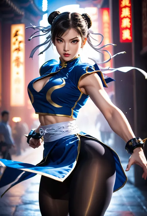 an asian woman chun-li in fighting stance, ready for battle, night scene, warm lighting, standing, white skin, neon lights, shad...