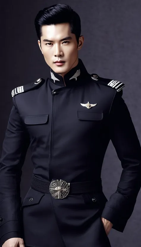 Avant-garde and elegant Chinese handsome man wearing tight aviation combat uniform，Black tight-fitting top，Handsome guy with a m...