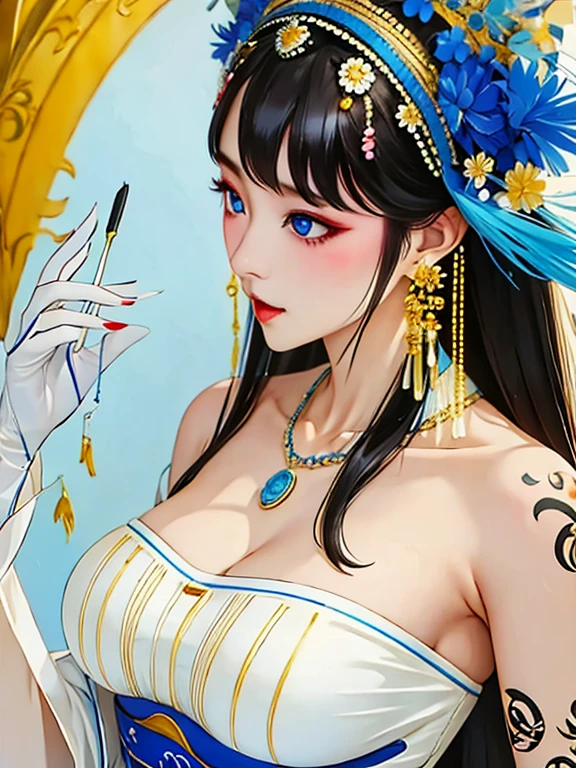 Sagisawa Fumika, 1 Girl, Solitary, watch, pendant watch, blue eyes, breast, Gloves, Headdress, skirt, long hair, cleveage, looking at the audience, white Gloves, Bare shoulders, open mouth, large breast, Strapless, Necklace, blush, white skirt, Black Hair, brown hair, Hair between the eyes, Strapless skirt, clavicle, Smile, Bangs, on stage,Koi tattoo on body