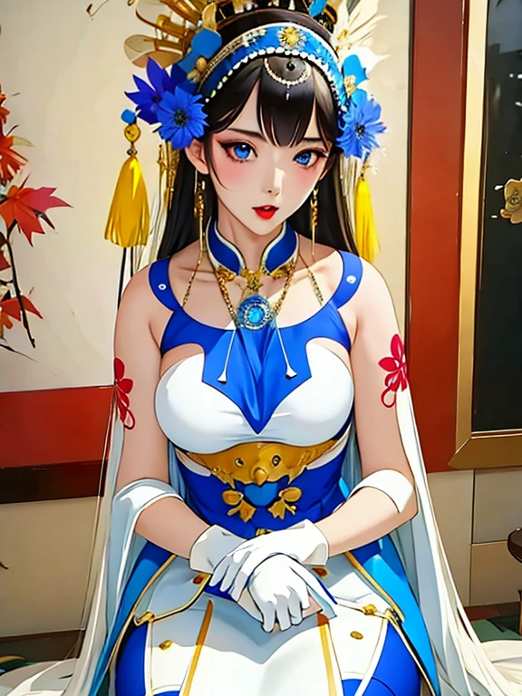 Sagisawa Fumika, 1 Girl, Solitary, watch, pendant watch, blue eyes, breast, Gloves, Headdress, skirt, long hair, cleveage, looking at the audience, white Gloves, Bare shoulders, open mouth, large breast, Strapless, Necklace, blush, white skirt, Black Hair, brown hair, Hair between the eyes, Strapless skirt, clavicle, Smile, Bangs, on stage,Koi tattoo on body