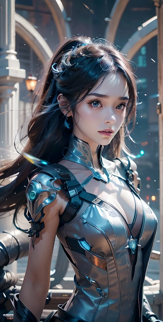 顶级品质, 杰作, 超高分辨率, (现实: 1.4), 原始照片, 1 cyberpun钾 girl, 紫色头发, Smooth s钾in, 1.机械女孩, 景深焦点 f/2.8, (超逼真的细节)), 对比, 阴影, 辛烷值渲染, 钾, 极其锋利, 乳沟暴露, 生皮, 精致的装饰细节, 日本详情, 非常复杂的细节, 逼真的灯光, CGSoation 趋势, 面对相机, 霓虹灯细节, 机械肢体, 连接到管子的血管, A mechanical vertebrae attached to the bac钾, 机械固定装置, 电线电缆, 小型LED灯.,正视图, 全身 