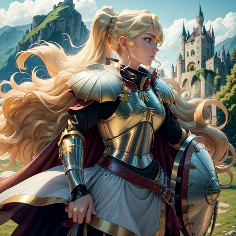 masterpiece, best quality, 1girl, alicetaria, blonde hair, long hair, ponytail, green eyes, armor, cape, solo, medieval castle, ...