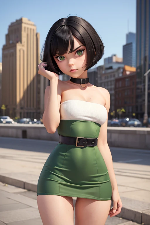 (masterpiece), best quality, expressive eyes, perfect face, (city background), (posing), (angry), (closeup view), (1girl, age 18+, Belle Delphine, fair skin, black hair, short hair with bangs, bob hairstyle, green eyes, hourglass figure, thin body, skinny body, petite_body, small breasts, wide hips, thick thighs), (tight fit, green bodycon minidress, sleeveless, strapless, black waist belt, white stockings),