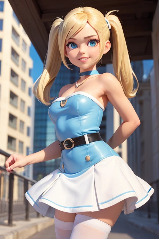 (masterpiece), best quality, expressive eyes, perfect face, (city background), (posing), (big smile), (closeup view), (1girl, age 18+, Belle Delphine, fair skin, blonde hair, short hair with pigtails, pigtail hairstyle, blue eyes, hourglass figure, thin body, skinny body, petite_body, small breasts, wide hips, thick thighs), (tight fit, light_blue bodycon minidress, sleeveless, strapless, black waist belt, white stockings),