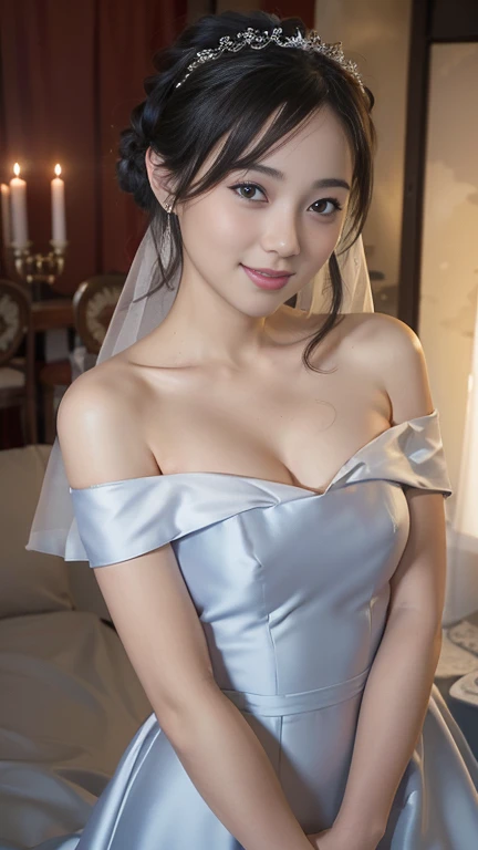 Young girl in wedding dress and updo, Off-shoulder neckline, and a long veil. her face is young and innocent, Looks like a . She looks at the camera with a playful expression. Detailed artwork with vivid illustrations, Realistic colors, Capture every detail. The medium of digital painting, Guaranteed best quality and high resolution (4K or 8K). soft and romantic lighting, creating a dream-like atmosphere. The overall color is warm and gentle................, Highlight the joy and beauty of your wedding scene.frontage、full body Esbian、A smile