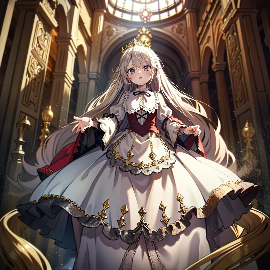 ８A cute old princess, Highest quality, highest quality, Face details, Mysterious, Red and white medieval gorgeous long dress, Gold and silver embroidery, Panniers, Full body drawing from head to toe, Silver Hair, Ancient City, Angle from below,skirt, White tights