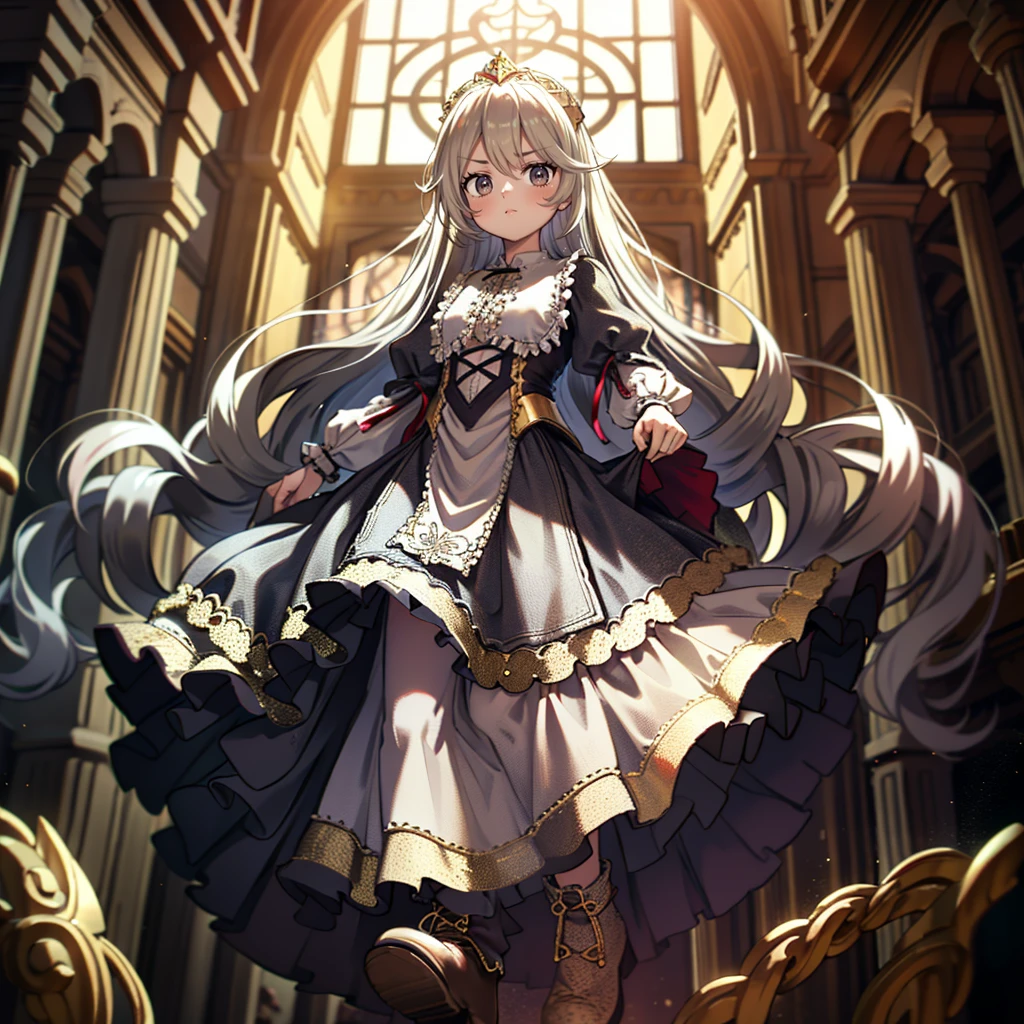 ８A cute old princess, Highest quality, highest quality, Face details, Mysterious, Red and white medieval gorgeous long dress, Gold and silver embroidery, Panniers, Full body drawing from head to toe, Silver Hair, Ancient City, Angle from below,skirt, White tights