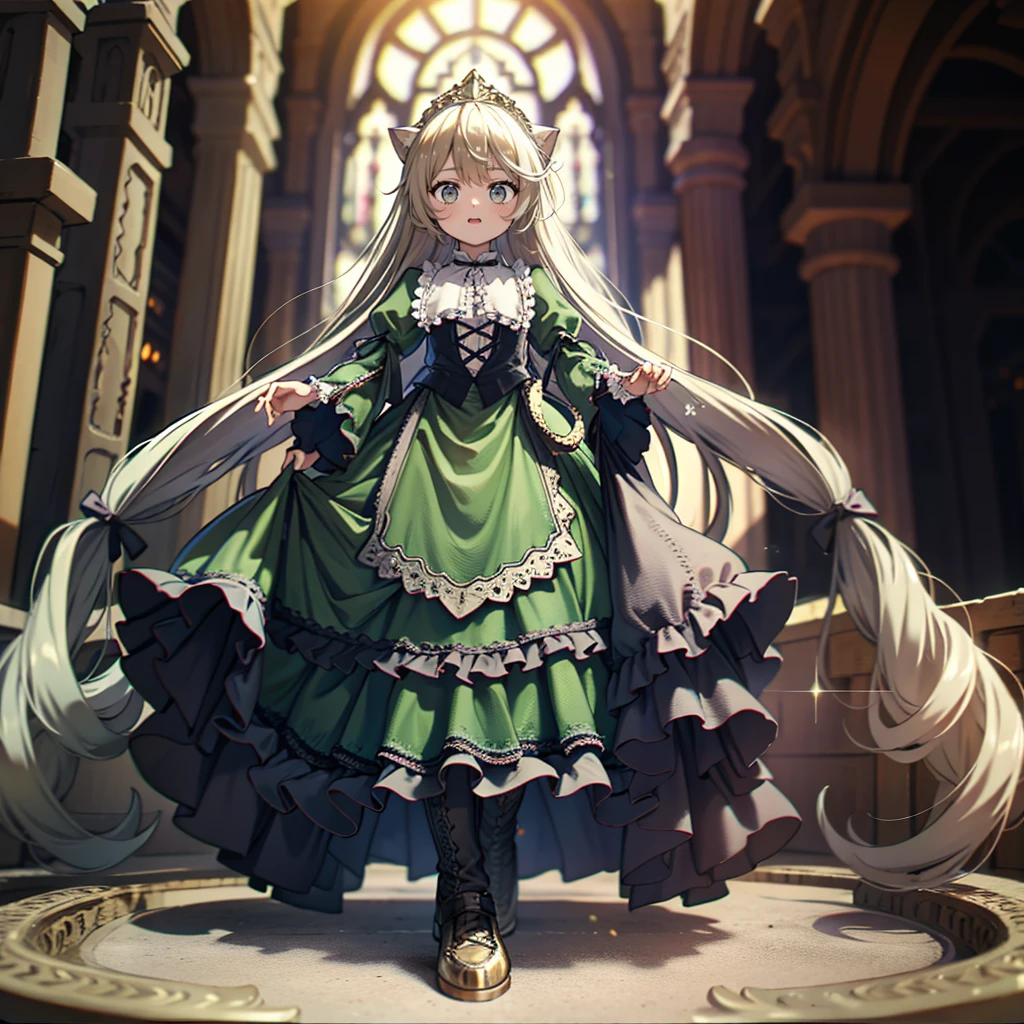 ８A cute old princess, Highest quality, highest quality, Face details, Mysterious, Gorgeous medieval long dress in dark green and white, Gold and silver embroidery, Panniers, Full body drawing from head to toe, Silver Hair, Ancient City, Angle from below,skirt, White tights, Green and Red Odd-Eye