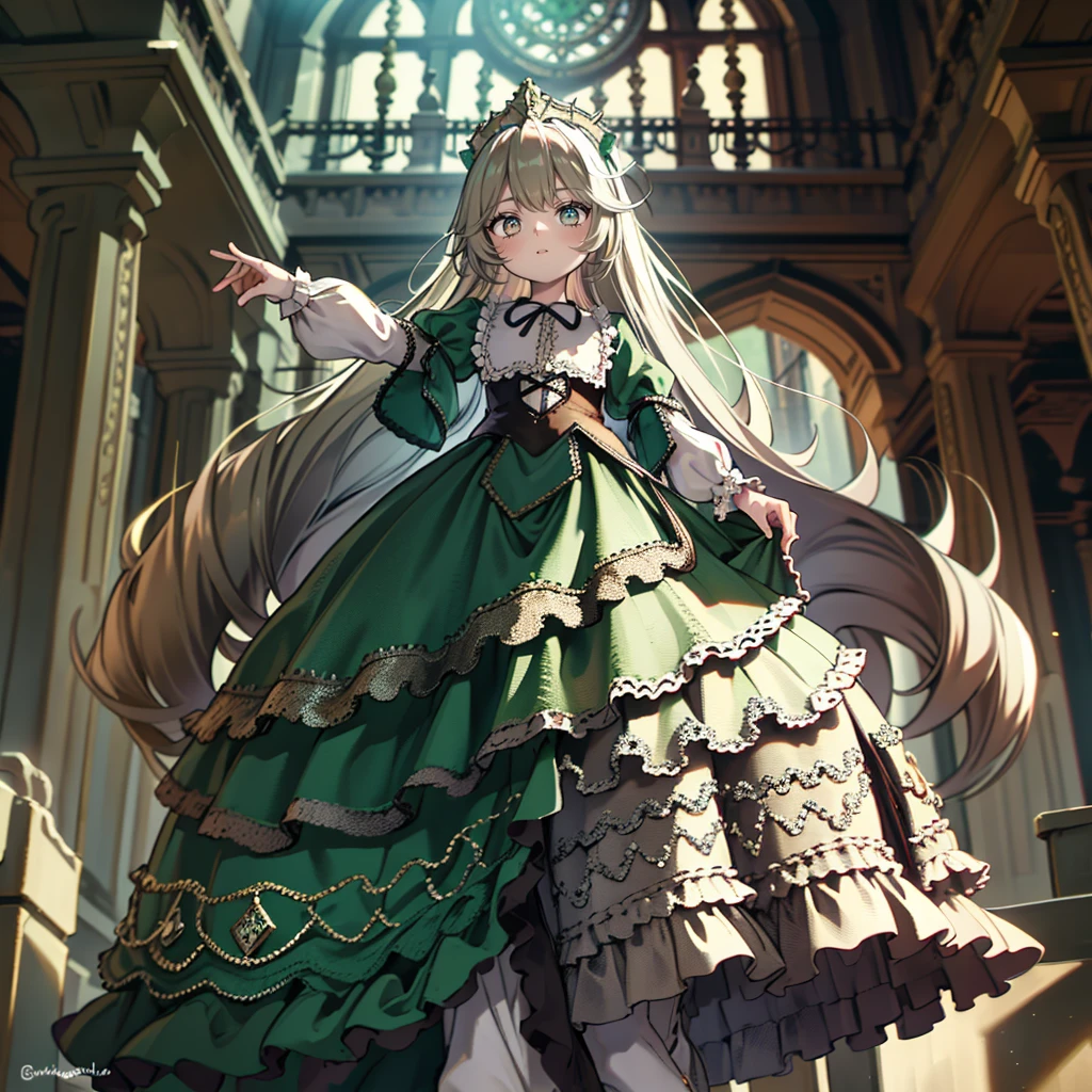 ８A cute old princess, Highest quality, highest quality, Face details, Mysterious, Gorgeous medieval long dress in dark green and white, Gold and silver embroidery, Panniers, Full body drawing from head to toe, Silver Hair, Ancient City, Angle from below,skirt, White tights, Green left eye, Red right eye