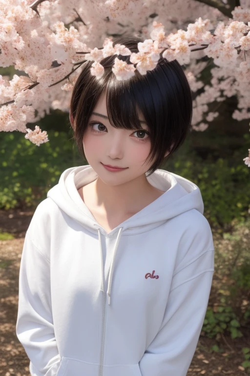 One girl, alone, Komoshuai, short hair, Portraiture, cherry blossoms, smile, White hoodie, Brown eyes