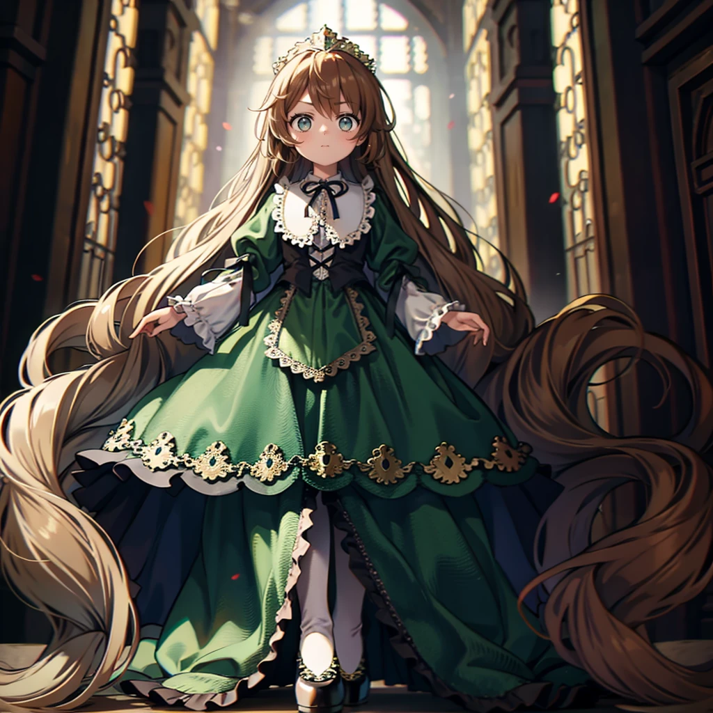 ８A cute old princess, Highest quality, highest quality, Face details, Mysterious, Gorgeous medieval long dress in dark green and white, Gold and silver embroidery, Panniers, Full body drawing from head to toe, Silver Hair, Ancient City, Angle from below,skirt, White tights, Dark green right,Eyes: Crimson left eye, Brown Hair