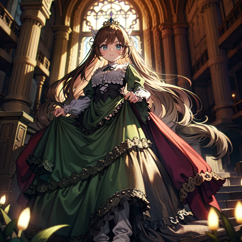 ８A cute old princess, Highest quality, highest quality, Face details, Mysterious, Gorgeous medieval long dress in dark green and white, Gold and silver embroidery, Panniers, Full body drawing from head to toe, Silver Hair, Ancient City, Angle from below,skirt, White tights, Dark green right,Eyes: Crimson left eye, Brown Hair