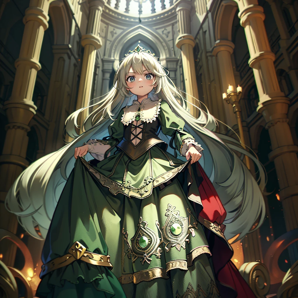 ８A cute old princess, Highest quality, highest quality, Face details, Mysterious, Gorgeous medieval long dress in dark green and white, Gold and silver embroidery, Panniers, Full body drawing from head to toe, Silver Hair, Ancient City, Angle from below,skirt, White tights, green right eye, red left eye