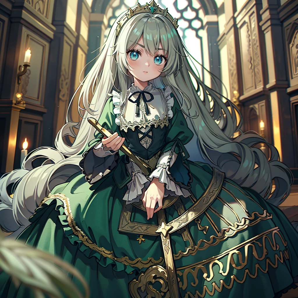 ８A cute old princess, Highest quality, highest quality, Face details, Mysterious, Gorgeous medieval long dress in dark green and white, Gold and silver embroidery, Panniers, Full body drawing from head to toe, Silver Hair, Ancient City, Angle from below,skirt, White tights, green right eye, red left eye