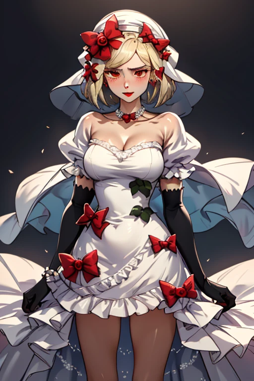 
aalamb, short hair, hair bow, white bow, white headwear, red eyes, necklace, frills, white dress, bouquet, puffy sleeves, elbow gloves, white gloves
looking at the audience,(Focus on her face),Keep your mouth shut, Close-up of beautiful bride wearing beautiful wedding dress,Gurwitz,(bridal veil:1.5），（Transparent short veil：1.5），Blushing face，Head flower，headgear，（tube top wedding dress：1.5），（Silk dress：1.2）,（Strapless wedding dress：1.5）,pure white dress，necklace，earrings，(large breasts:1.3)，Deep V peach heart collar wedding dress，Bangs，lipstick，（lace gloves：1.3）,whole body照,High detail RAW color art,Long white dress，whole body，Place your hands behind your back，