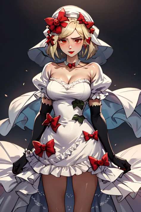 aalamb, short hair, hair bow, white bow, white headwear, red eyes, necklace, frills, white dress, bouquet, puffy sleeves, elbow ...