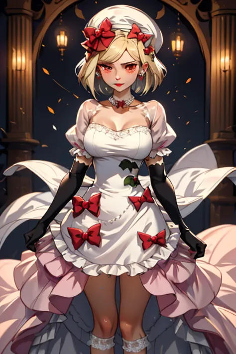 
aalamb, short hair, hair bow, white bow, white headwear, red eyes, necklace, frills, white dress, bouquet, puffy sleeves, elbow...