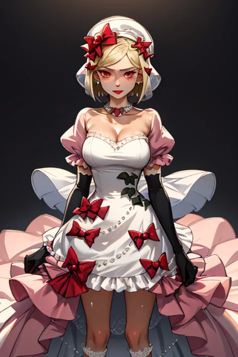 aalamb, short hair, hair bow, white bow, white headwear, red eyes, necklace, frills, white dress, bouquet, puffy sleeves, elbow ...