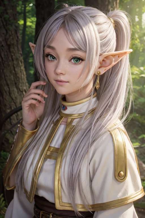 (Ultra-detailed CG, Wallpaper-quality, Fantasy Style) masterpiece, Best Quality, One girl, Young Elven Woman,  Elf Girl, Chuan belly, Elven Ranger, Feminine Focus, alone, Gray Hair, Long Hair, Bright green eyes, Looking at the viewers, Closed Mouth, smile, Fantasy Aesthetics, Very detailed, Elf Ears, masterpiece, Best Quality, Realistic Style, Realistic skin and texture, White clothes, gold details, Background scenery, Anime Girls, anime bishoujo, Ultra-realistic, Deep forest background，Ancient mystical tree々，Spirit of Nature, White eyebrows