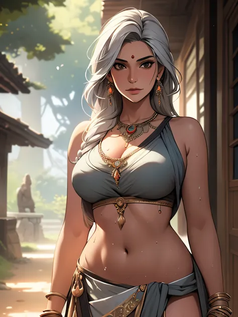 Masterpiece, digital llustration, A gorgeous Indian woman, MILF, grey hair, huge breasts, outdoors, embarrassed, loincloth, swea...