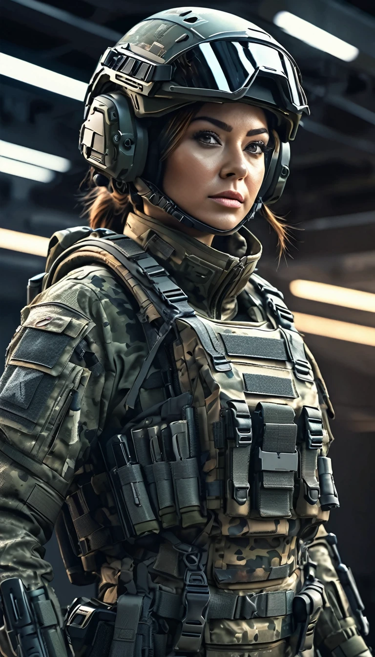 A high-tech soldier in a tight combat suit, camouflage military uniform, simple sleek design, detailed intricate patterns, hyper realistic, cinematic lighting, military sci-fi, dramatic pose, gritty texture, muted color palette, (best quality,4k,8k,highres,masterpiece:1.2),ultra-detailed,(realistic,photorealistic,photo-realistic:1.37)