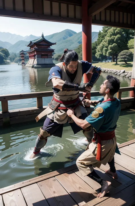 Shizuka Gozen beating up Benkei and Ushiwakamaru on Gojo Bridge
