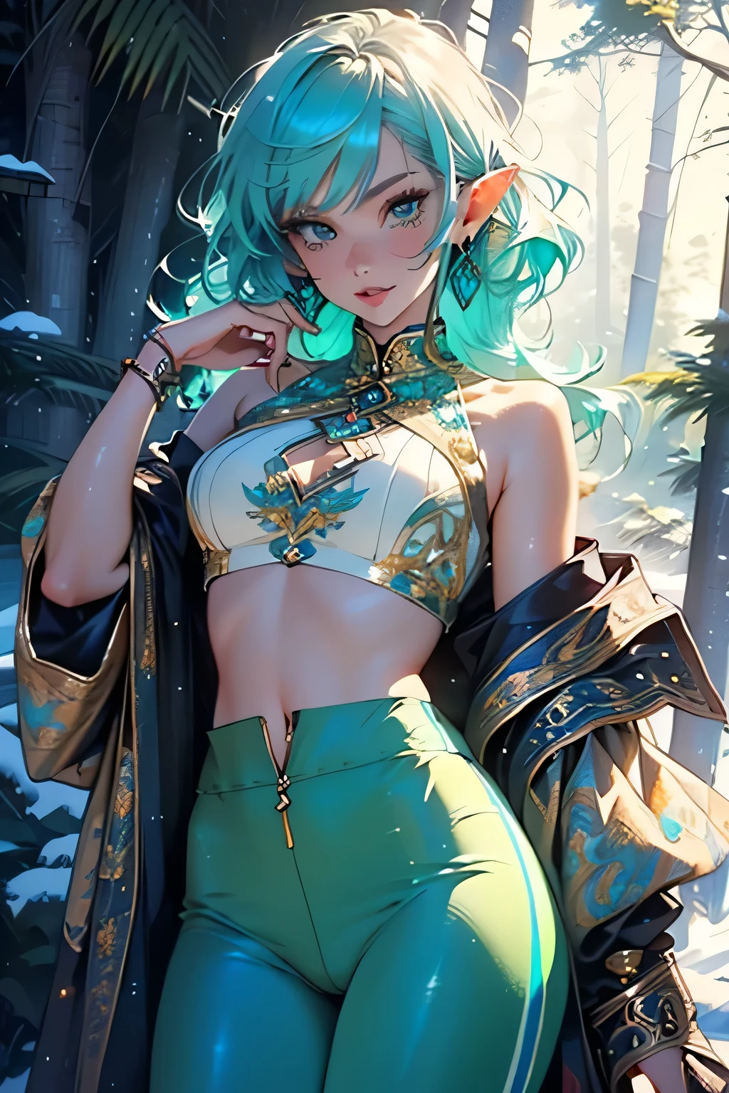 elf,green hair,beautiful female  Elf, medium breasts, slim waist, wide hips, freckles, 


pointed ears,(((turquoise_eyes:1.3))),intricate eyes,beautiful detailed eyes,symmetrical eyes,blonde hair,(((lustrous skin:1.5,bright skin: 1.5,skin tanned,shiny skin,very shiny skin,shiny body,plastic glitter skin,exaggerated shiny skin,illuminated skin))),

young  beautiful woman((detailed face)), 

expressive eyes,serious face,

(ultra-detailed:1.3),beautiful detailed glow,finely detailed,ultra-detailed, 

(noble elf costume, noble elf clothes,navel),((turquoise pants,bulge in pants)),((intricate outfit,intricate clothes,turquoise theme,golden theme)),

(dynamic pose:1.0),serious attitude,(centered,scale to fit dimensions,Rule of thirds),medium shot,

((snowy pine forest at night)),with dark stormy clouds,winter,scenery:1.25,intricate scenery,((snow forest background)),Christmas tree,

(Glossy winter ornaments),highres,sharp focus,(ultra detailed,extremely detailed),(photorealistic artwork:1.37),(extremely detailed CG unity 8k wallpaper),(((vibrant colors,vibrant theme))),(intricate),(masterpiece),(best quality),