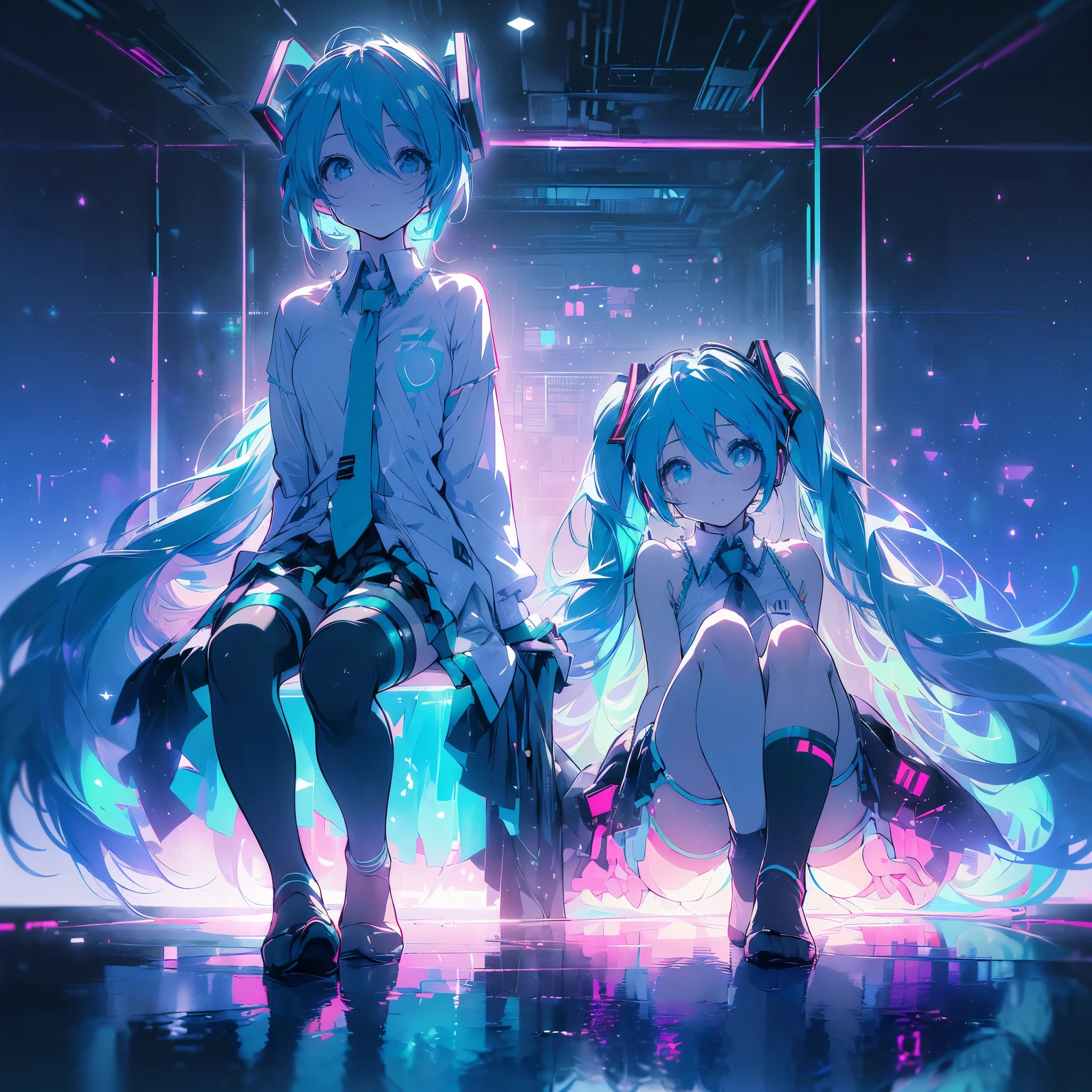 (((Ultra HD　Hatsune Miku　Crossing your legs　Shining Eyes)))　((mysterious　Blue Hair　Twin tails　mini skirt　I can see your feet　Black socks))　((End of the Galaxy　Jump　Bathed in light))　(Neon pink and neon green light　Shining Edge　Shining Background　night　Starry Sky)　smile