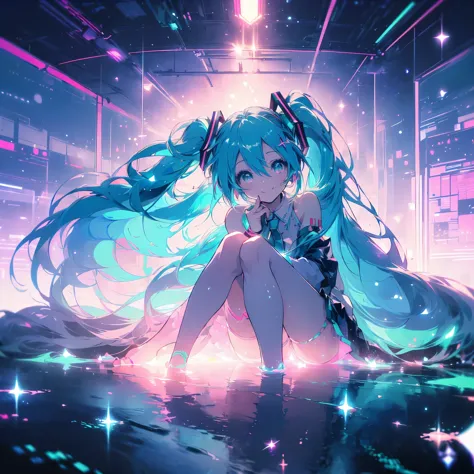 (((ultra hd　hatsune miku　crossing your legs　shining eyes　smile)))　((lonely　particles of light　streaks of light))　((end of the ga...